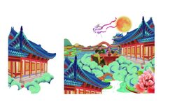 国潮背景中秋插图五色鹿国风建筑