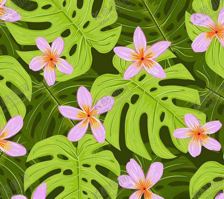 编号：17678809181711285885【酷图网】源文件下载-创意龟背竹和鸡蛋花无缝背景