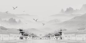 新中式水墨江南马头墙背景装饰画