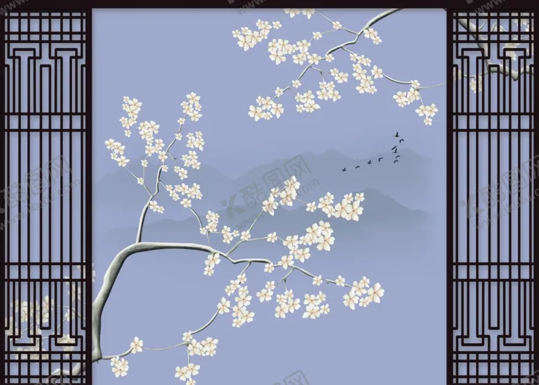 编号：61251407010806438729【酷图网】源文件下载-花鸟画梅花造型背景墙