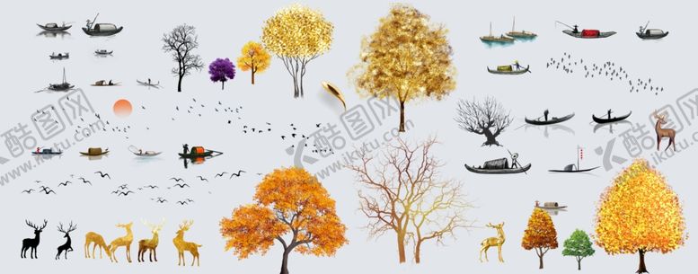 编号：38565109100317586476【酷图网】源文件下载-免抠图设计元素船树鹿鸟素材