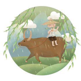 清明节素材山水人物春天绿色青团