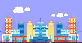 扁城市高楼大厦道路建筑风景插画