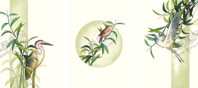 编号：28685910070906304873【酷图网】源文件下载-三联中式翠竹花鸟装饰画