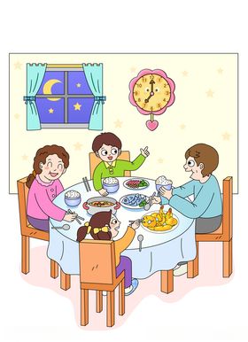 手绘开心团聚一家人合照素材