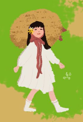 手绘插画春日小女孩