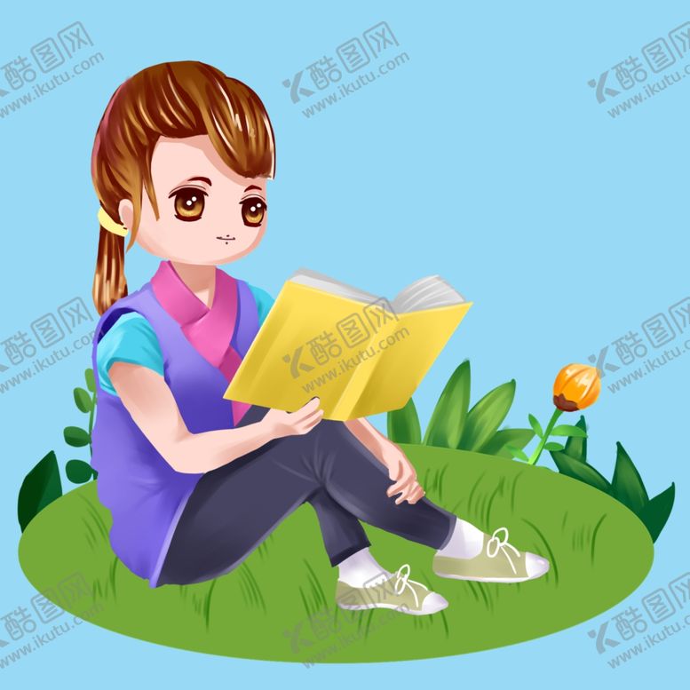 编号：33536409141050021304【酷图网】源文件下载-手绘坐在草地看书的女孩素材