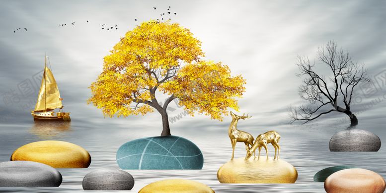 编号：71383106251115319918【酷图网】源文件下载-新中式金色大树麋鹿帆船装饰画