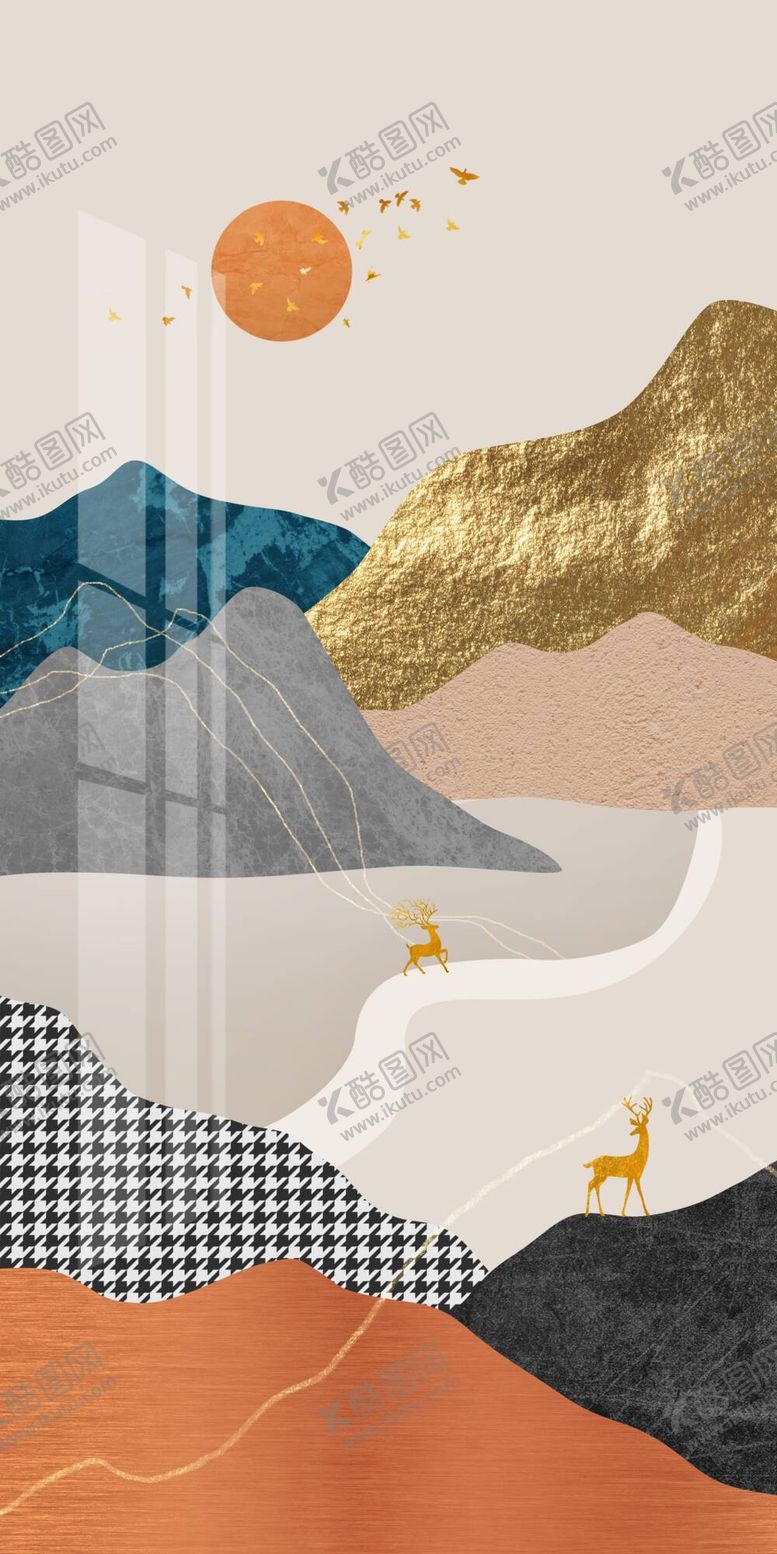 编号：46890210031613024198【酷图网】源文件下载-抽象麋鹿山水装饰画玄关