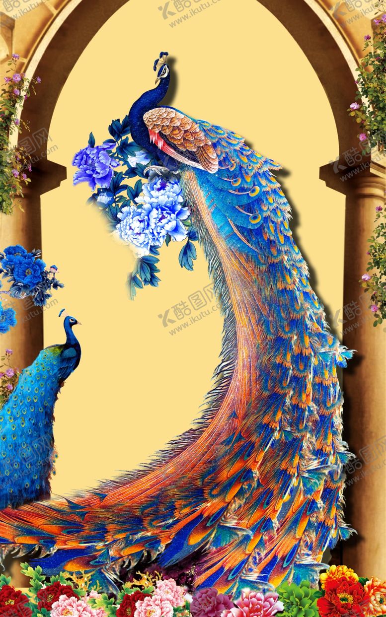 编号：78699710090939289805【酷图网】源文件下载-花开富贵孔雀背景墙
