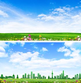 蓝天白云绿草地背景