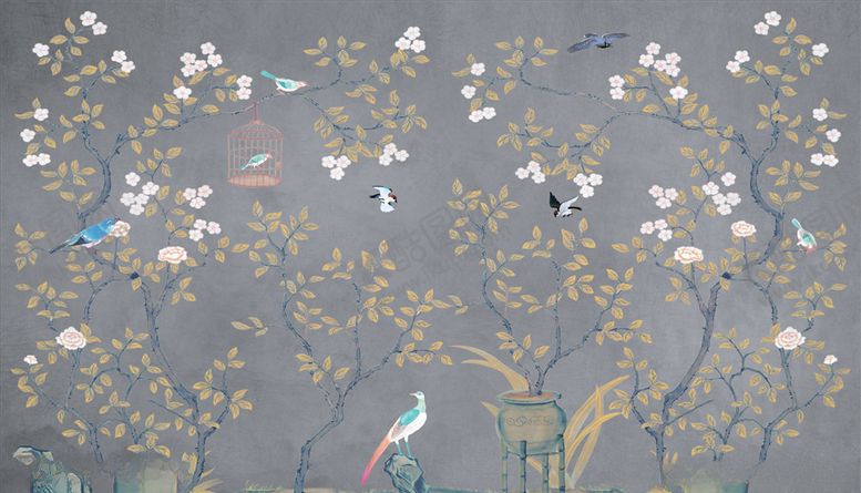 编号：77412404060452523510【酷图网】源文件下载-手绘画鸟鸟笼背景墙
