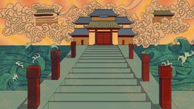 山水色彩地产插画卡通背景