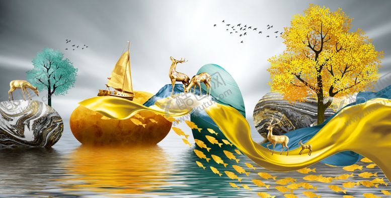 编号：94633810031133482742【酷图网】源文件下载-新中式金色飘带丝绸大海装饰画