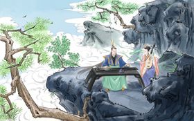 弹琴人物复古传统插画背景素材