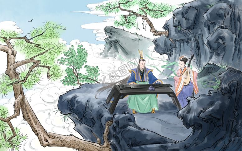 编号：15092805100001536176【酷图网】源文件下载-弹琴人物复古传统插画背景素材
