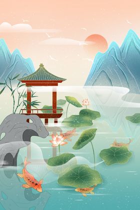 古风湖畔亭景锦鲤游弋