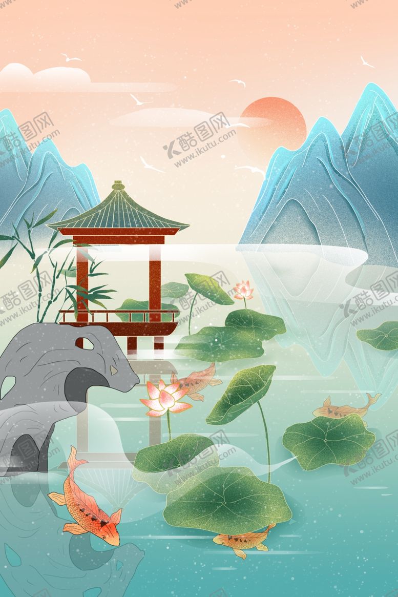 编号：95071204010211529739【酷图网】源文件下载-古风湖畔亭景锦鲤游弋