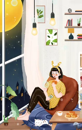 中秋手绘插画国潮仲节双节同庆晚会