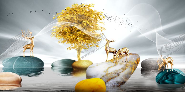 编号：10910909091754583480【酷图网】源文件下载-新中式金色大海水石头麋鹿装饰画