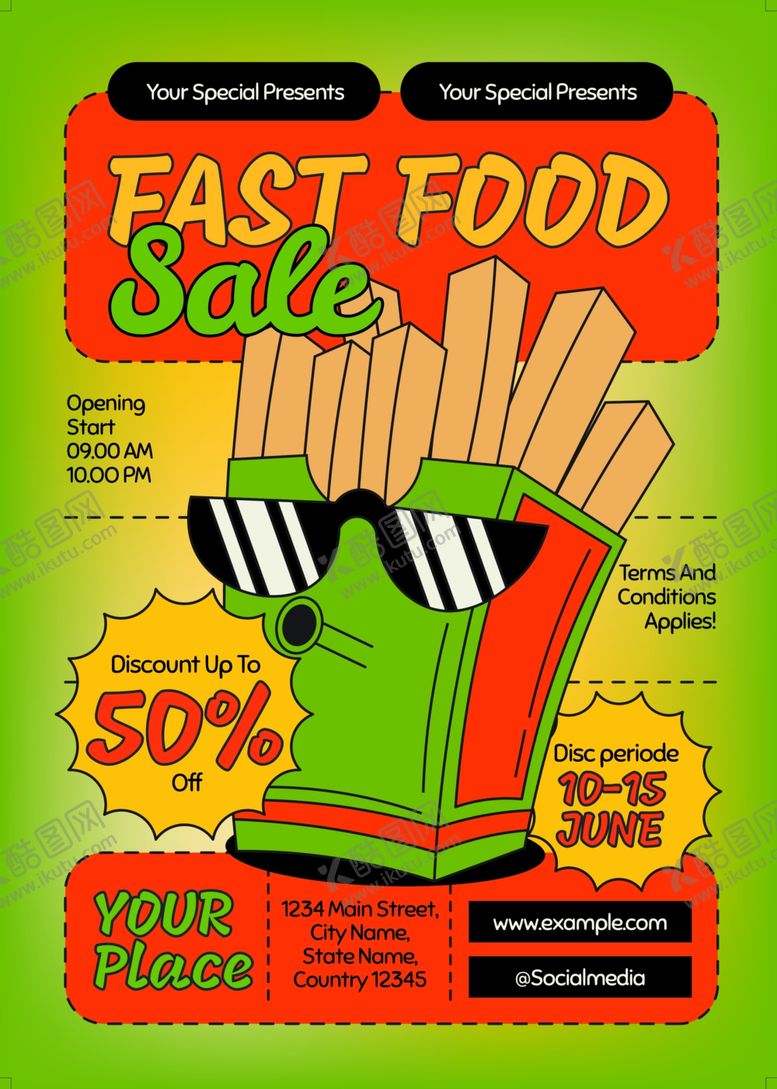 编号：88763204142142175868【酷图网】源文件下载-快餐促销薯条享五折优惠