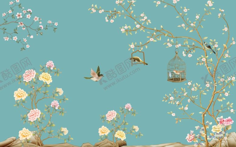 编号：33769107081509019978【酷图网】源文件下载-庭院小景新中式工笔花鸟