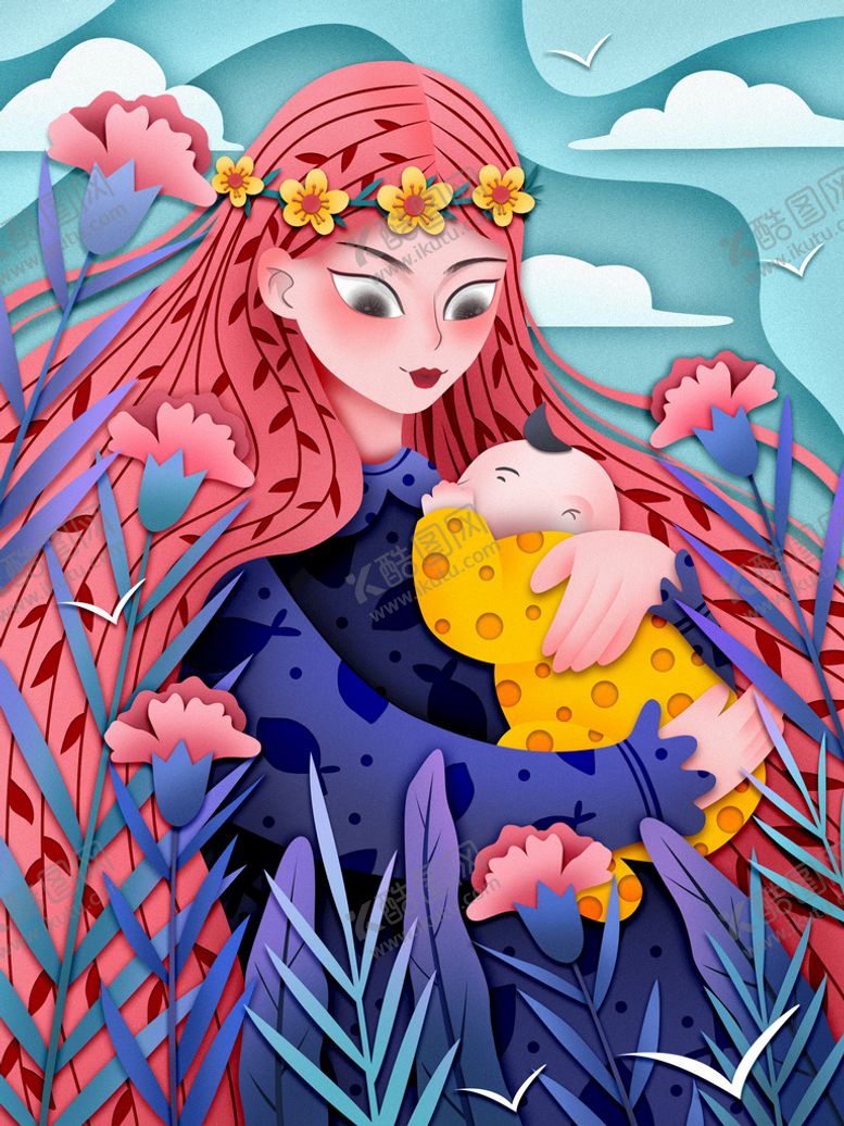 编号：84503209290447393576【酷图网】源文件下载-剪纸风创意母亲节母亲形象插画