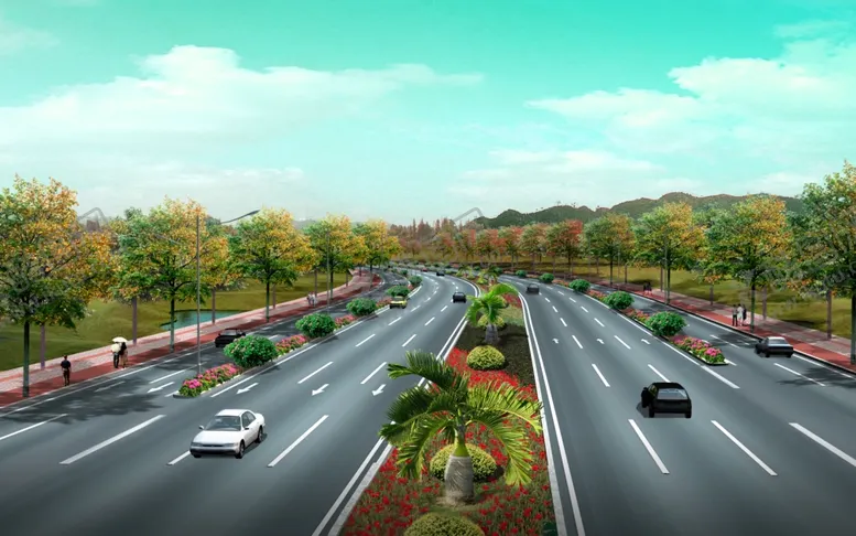编号：36276007020239504787【酷图网】源文件下载-道路绿化景观效果图