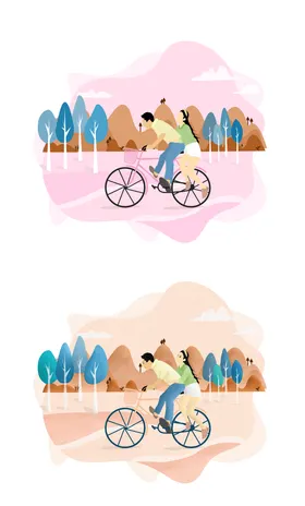 扁平插画风格人物情侣骑行