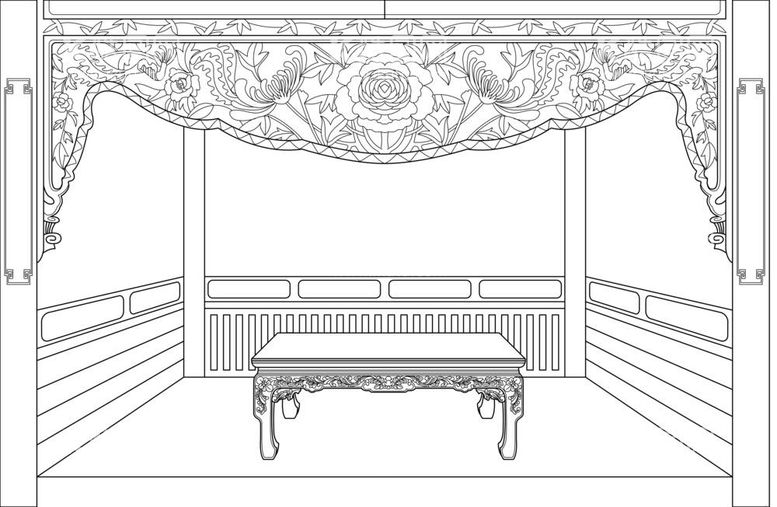 编号：91365511290317153624【酷图网】源文件下载-古代清朝家具床榻花纹炕桌线稿
