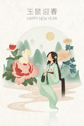 玉鼠迎春鼠年新年手绘插画