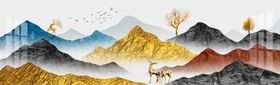 新中式手绘金色麋鹿山水装饰画