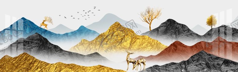编号：32568809270259324975【酷图网】源文件下载-新中式手绘金色山水麋鹿装饰画