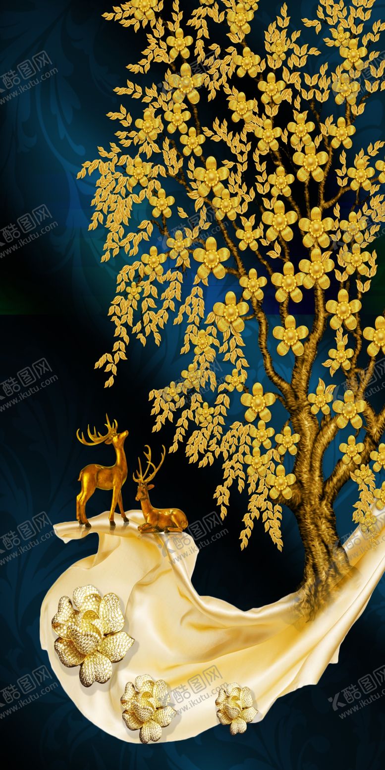 编号：38148210062358288697【酷图网】源文件下载-浮雕花鹿树玄关图