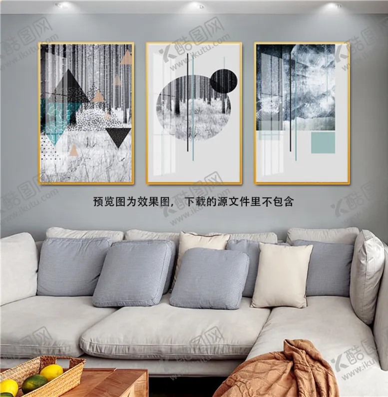 编号：79310609151940172405【酷图网】源文件下载-三角圆水彩艺术三联挂画装饰画