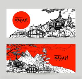 和风矢量元素江边阁楼湖光景