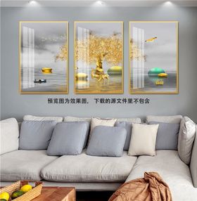 麋鹿风景画金箔三联挂画装饰画