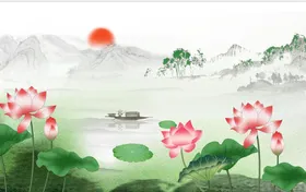 荷花装饰画水墨国画红莲