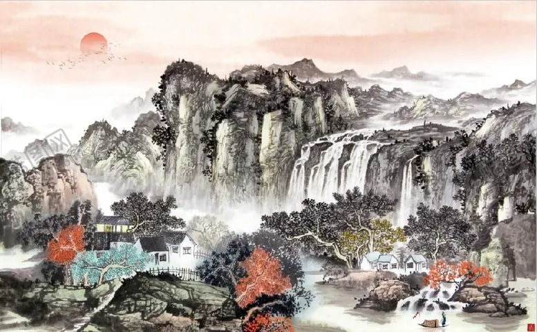 编号：87941309291345254591【酷图网】源文件下载-中式青绿瀑布山水国画电视背景墙