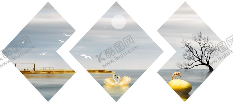 编号：60298009222255173225【酷图网】源文件下载-新中式金色大海栈桥天鹅装饰画