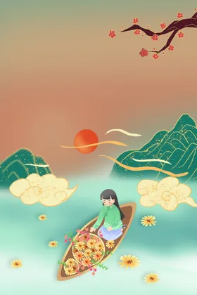 中式山水海报背景国潮仙女
