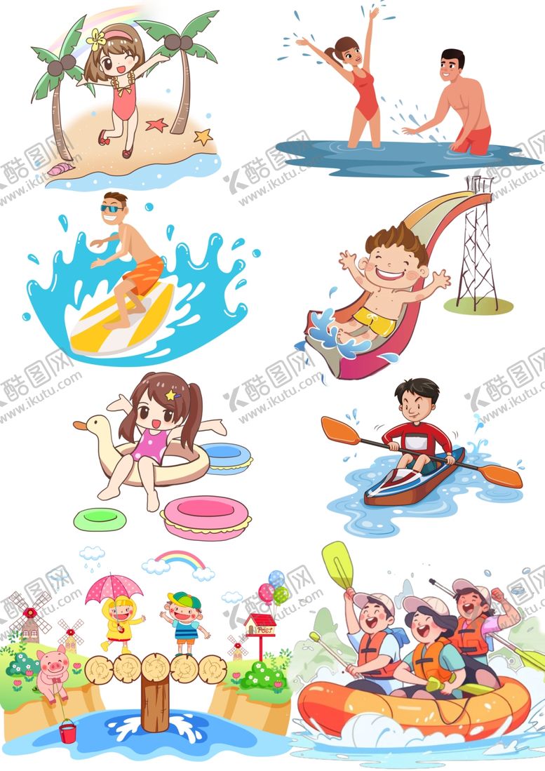 编号：99580604301930007907【酷图网】源文件下载-水上运动漂流冲浪元素大合集