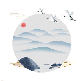 山水仙鹤复古背景海报素材