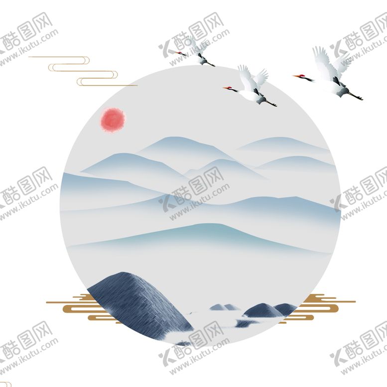 编号：27546505130803513463【酷图网】源文件下载-山水仙鹤复古背景海报素材