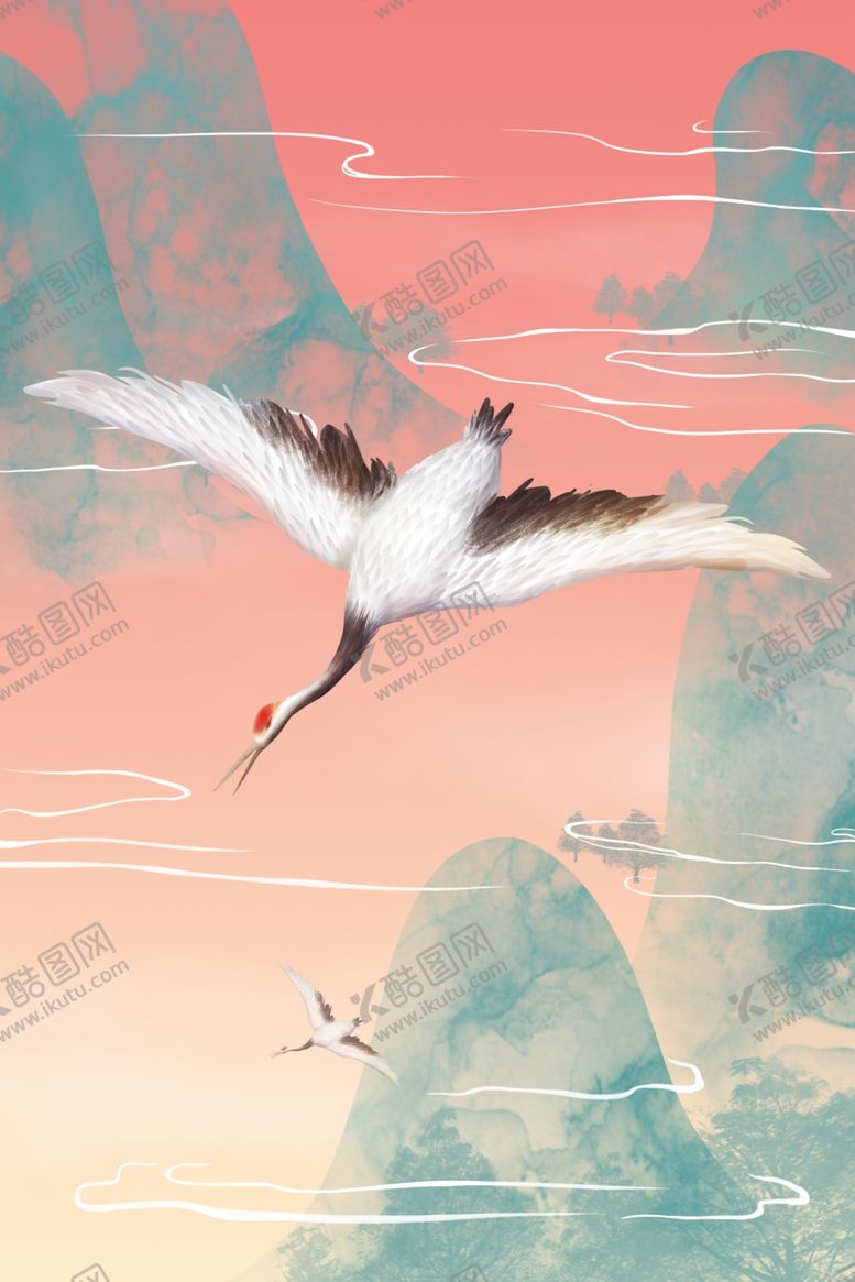 编号：11853105110227082864【酷图网】源文件下载-仙鹤国风古风插画卡通素材