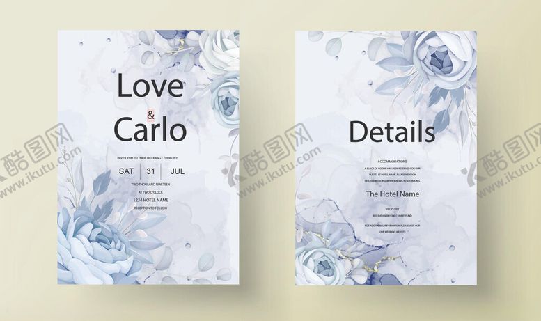 编号：69833010310015439412【酷图网】源文件下载-蓝调花卉婚礼请柬设计