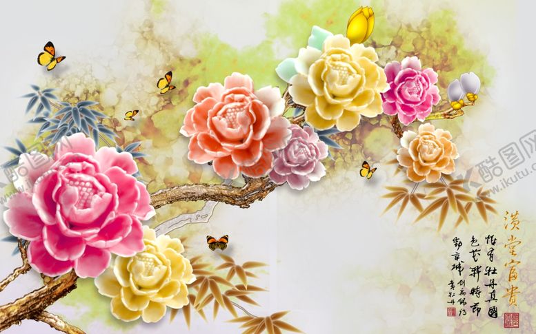 编号：63184209272209069392【酷图网】源文件下载-浮雕花牡丹蝴蝶背景墙