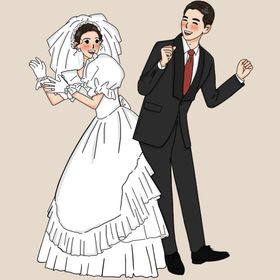 手绘婚纱照卡通插画情侣白婚纱情