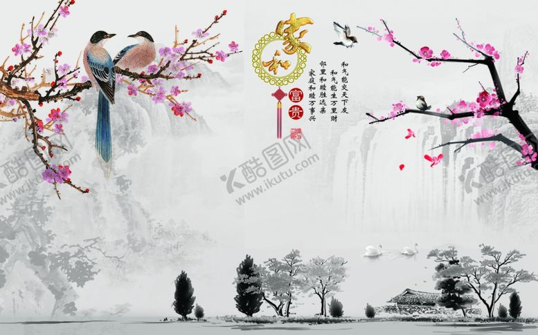 编号：49335805062249438580【酷图网】源文件下载-工笔花鸟背景墙装饰画