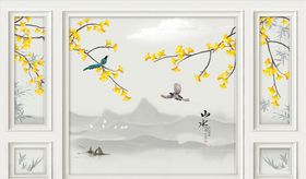 花鸟画银杏树小船背景墙